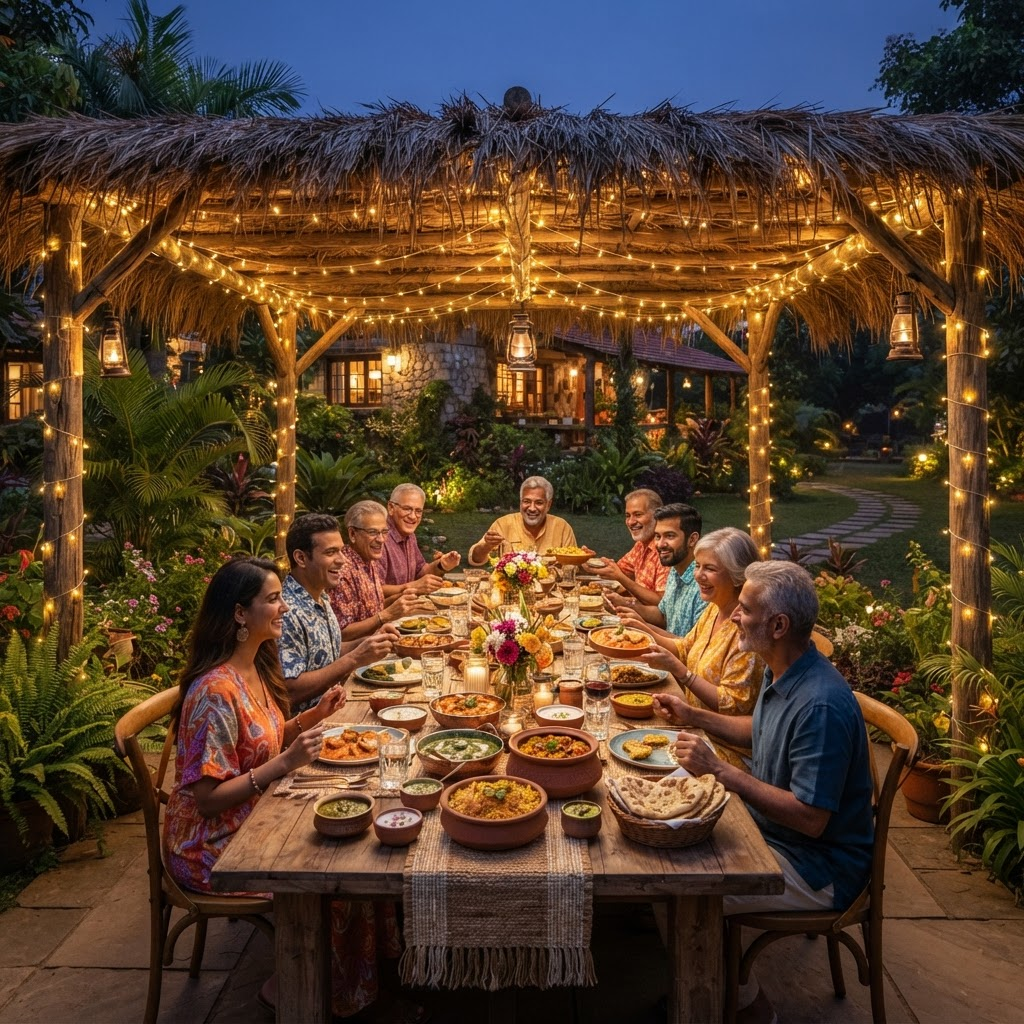 Outdoor dining table set under a pergola with string lights
