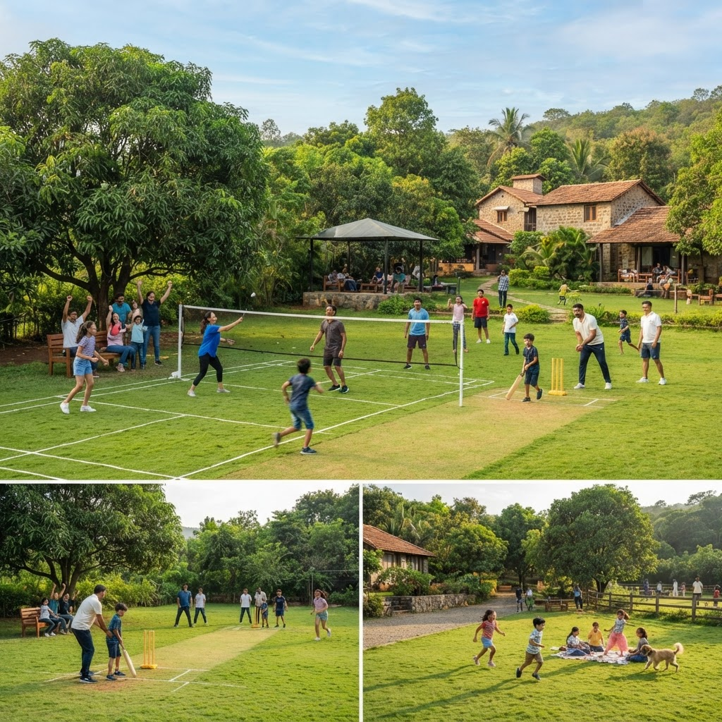 Outdoor games area on green lawn