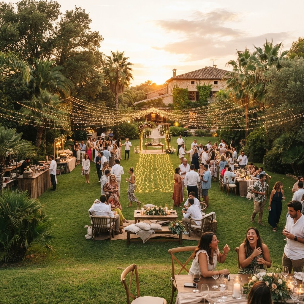 Open lawn decorated with fairy lights for an evening celebration