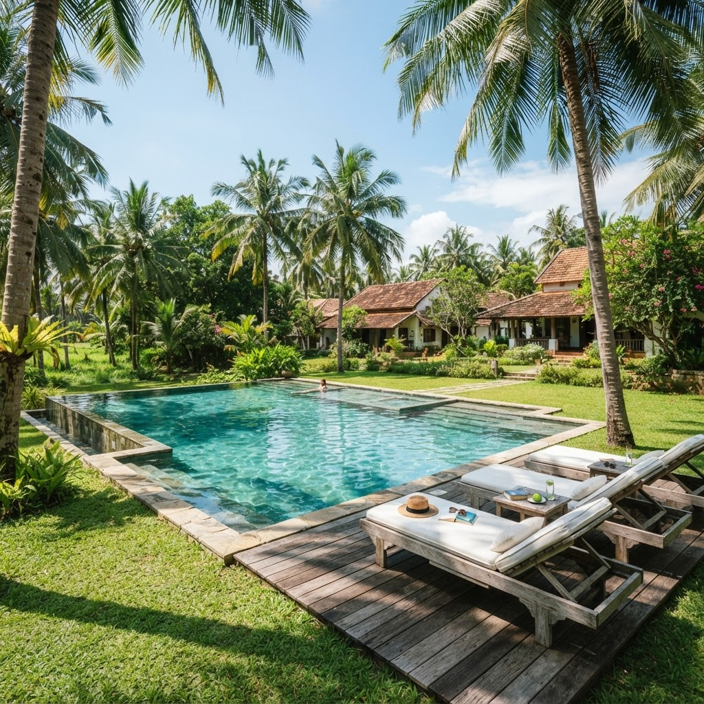 Turquoise swimming pool surrounded by palm trees and lounge chairs